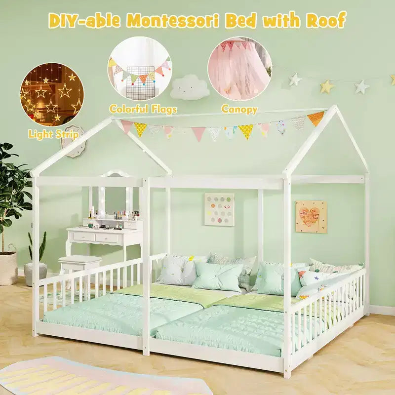 Costway Double Floor Bed w/ Safety Guardrails No Box Spring Needed for Teens Boys Girls White