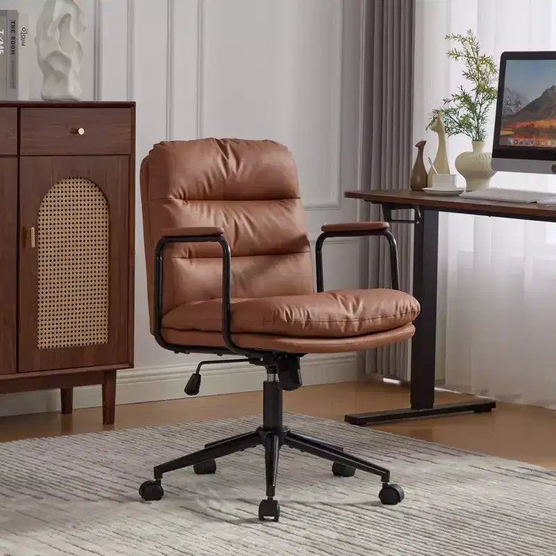 GDFStudio Nyrell Mid-Century Modern 360 Swivel Faux Leather Upholstered Office Chair with Wheels and Adjustable Height