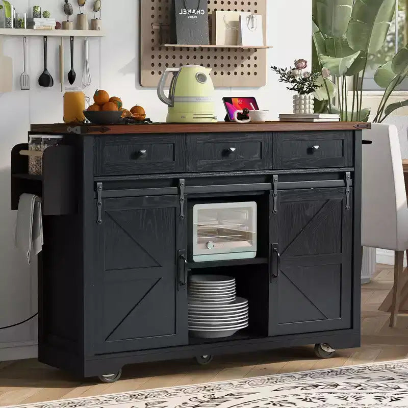 Farmhouse Kitchen Island with Power Outlet, 2 Sliding Barn Door Kitchen Storage Island with Drop Leaf, Rack Rolling Kitchen Cart on Wheels