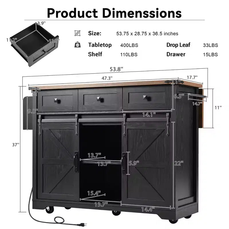 Farmhouse Kitchen Island with Power Outlet, 2 Sliding Barn Door Kitchen Storage Island with Drop Leaf, Rack Rolling Kitchen Cart on Wheels