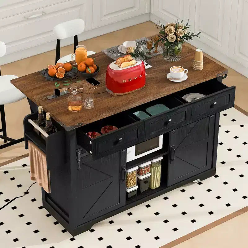 Farmhouse Kitchen Island with Power Outlet, 2 Sliding Barn Door Kitchen Storage Island with Drop Leaf, Rack Rolling Kitchen Cart on Wheels