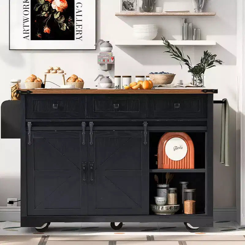 Farmhouse Kitchen Island with Power Outlet, 2 Sliding Barn Door Kitchen Storage Island with Drop Leaf, Rack Rolling Kitchen Cart on Wheels
