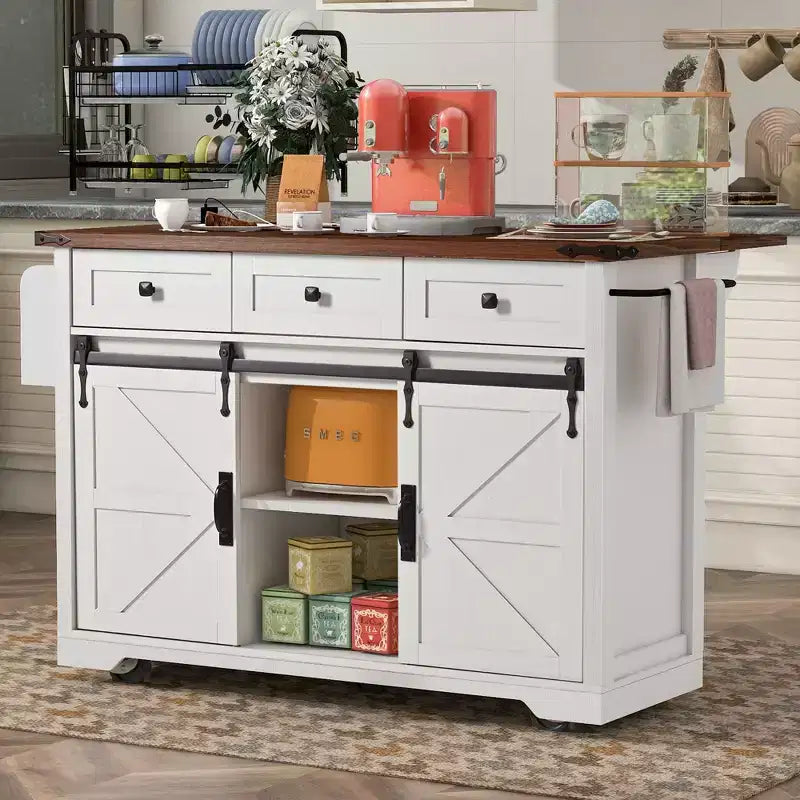 Farmhouse Kitchen Island with Power Outlet, 2 Sliding Barn Door Kitchen Storage Island with Drop Leaf, Rack Rolling Kitchen Cart on Wheels
