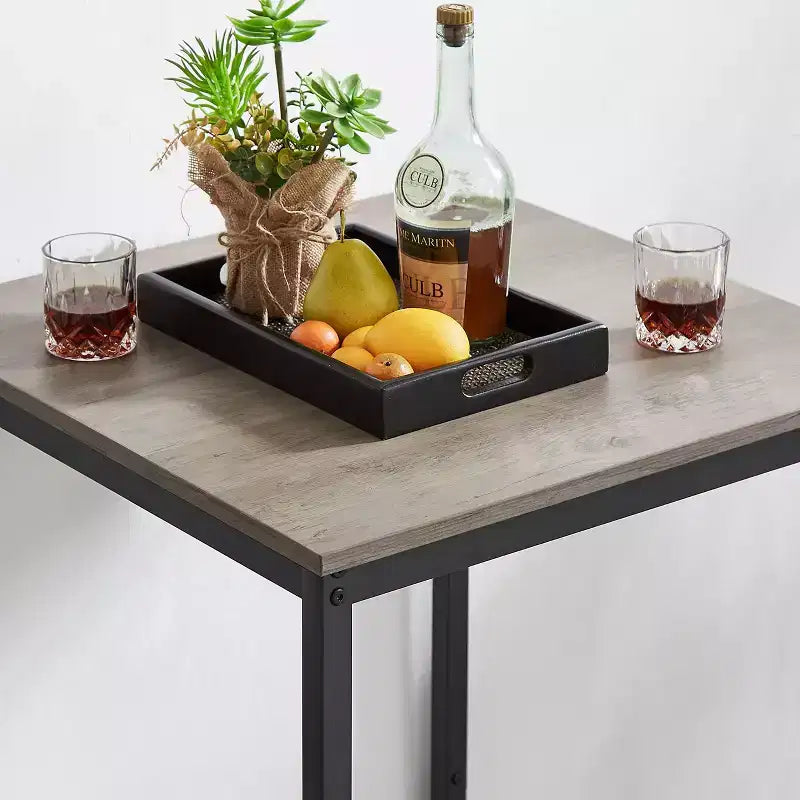 Bar Table Set with 2 Bar Stools, PU Soft Seats & Backrests, Particle Board, for Bar, Home, Office, or Living Room, Grey, One Size