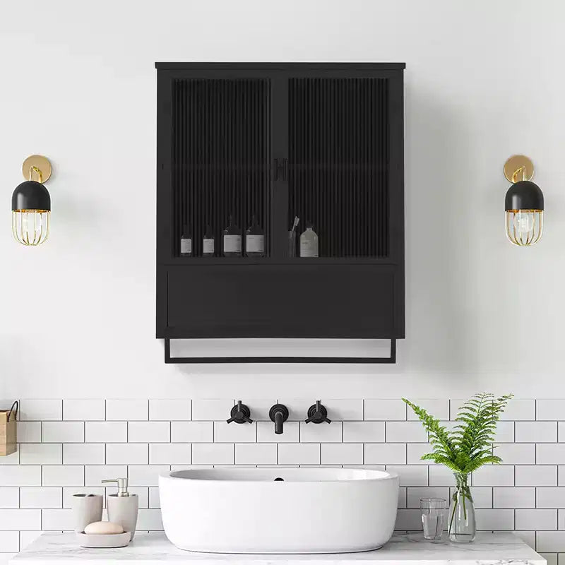 Modern Black Wall Cabinet with Glass Doors, Open Shelf, Towel Rack & 2-Tier Storage for Living Room, Dining Room, or Bathroom