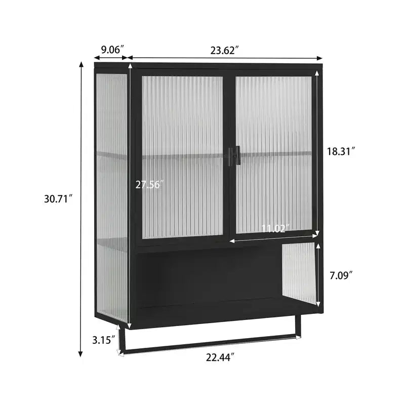 Modern Black Wall Cabinet with Glass Doors, Open Shelf, Towel Rack & 2-Tier Storage for Living Room, Dining Room, or Bathroom