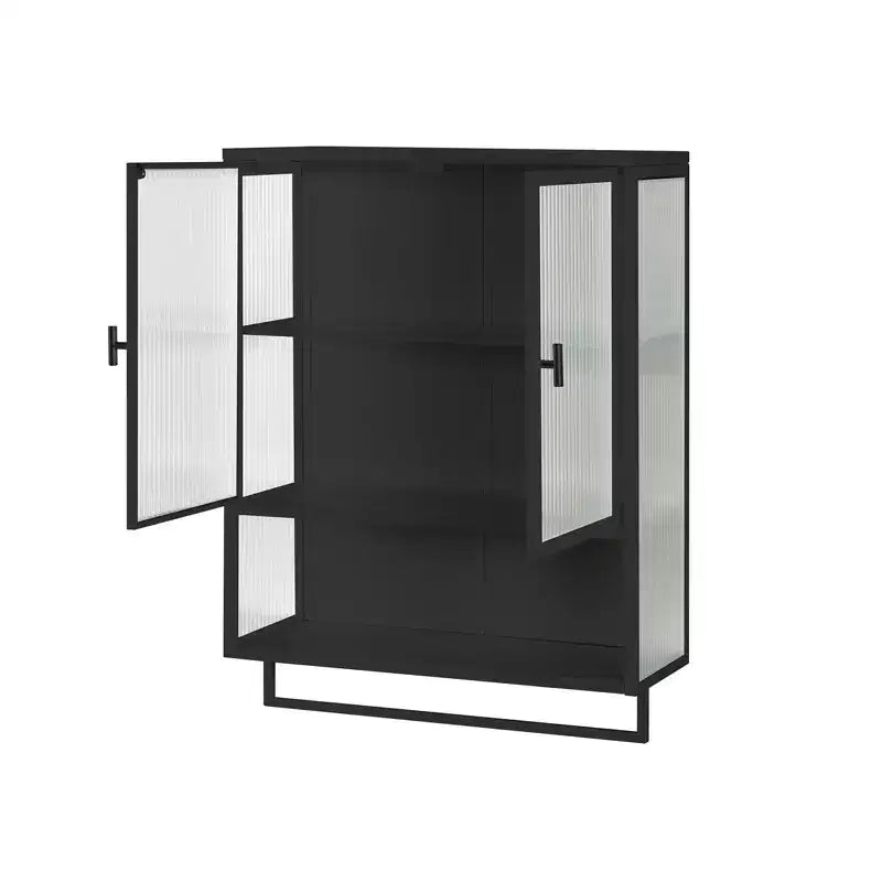 Modern Black Wall Cabinet with Glass Doors, Open Shelf, Towel Rack & 2-Tier Storage for Living Room, Dining Room, or Bathroom