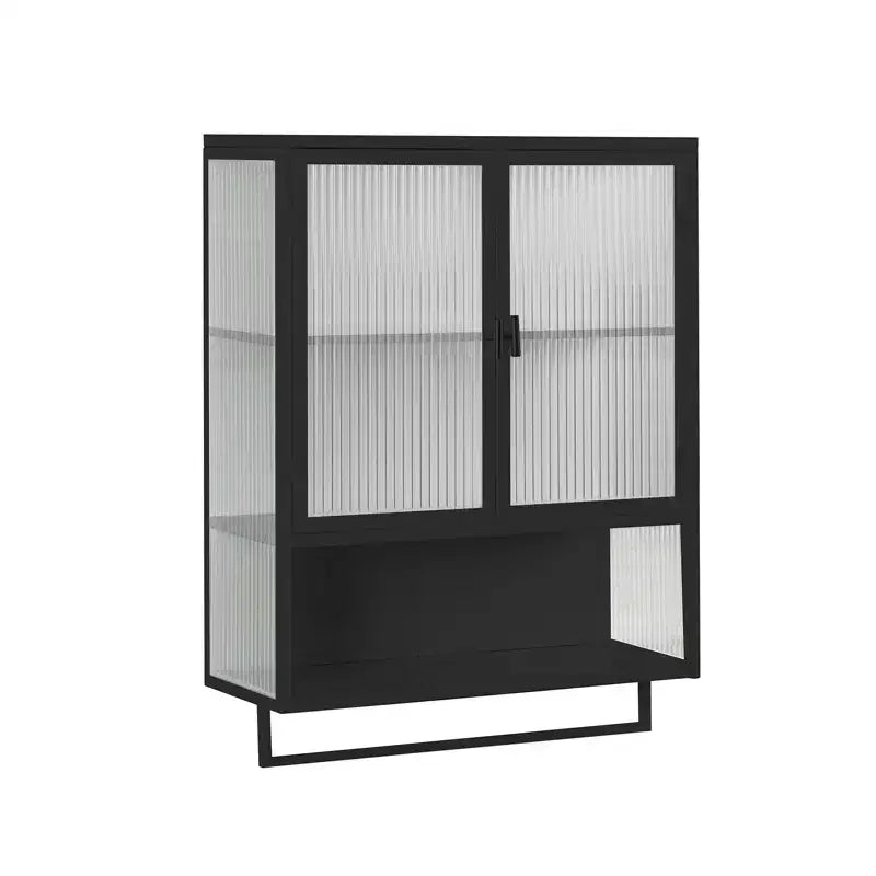 Modern Black Wall Cabinet with Glass Doors, Open Shelf, Towel Rack & 2-Tier Storage for Living Room, Dining Room, or Bathroom