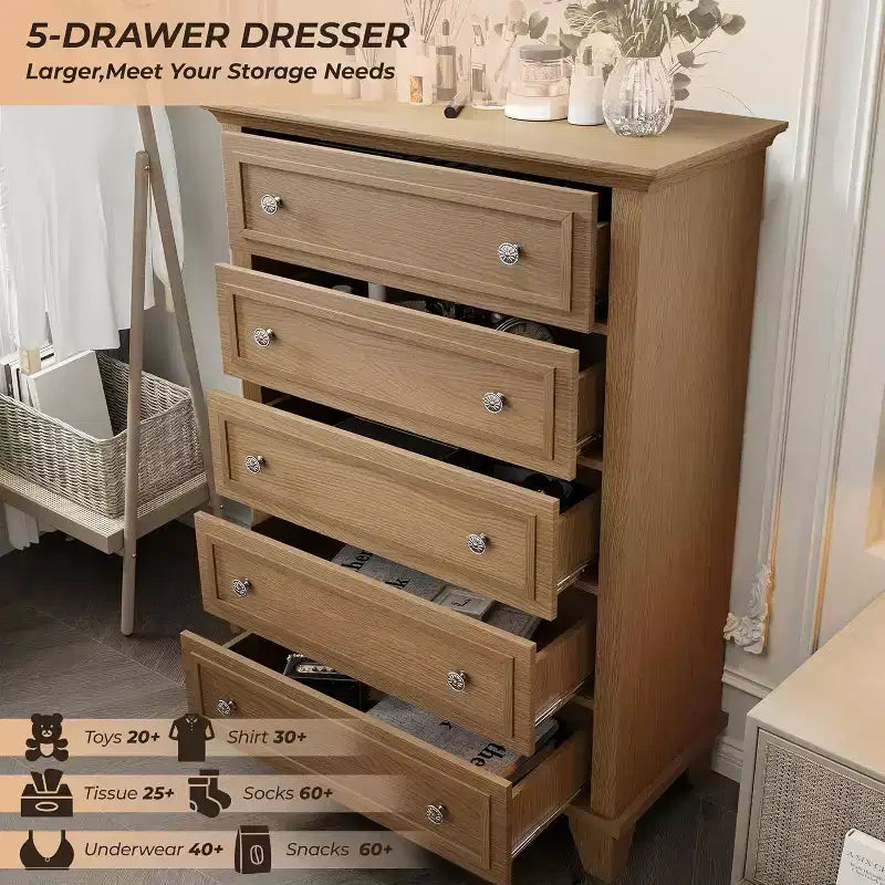5-Drawer Dresser, Brown, Vintage Style, Solid Construction, for Traditional Home & Farmhouse