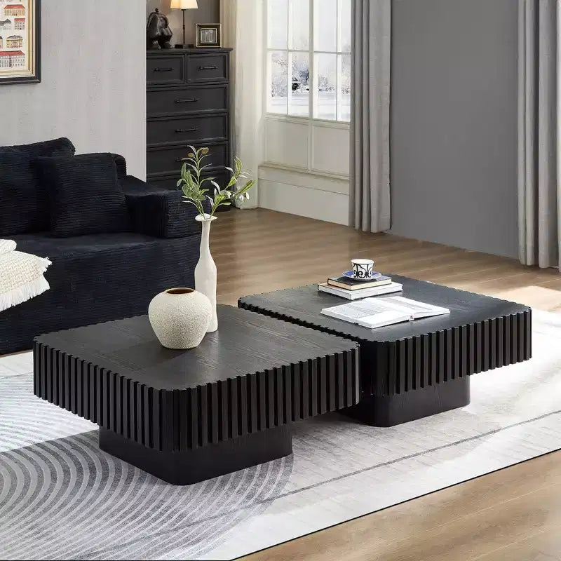 Modern Square Coffee Table Set of 2 Farmhouse Drum Coffee Table Wooden End Table Accent Cocktail Table Center Table - ModernLuxe