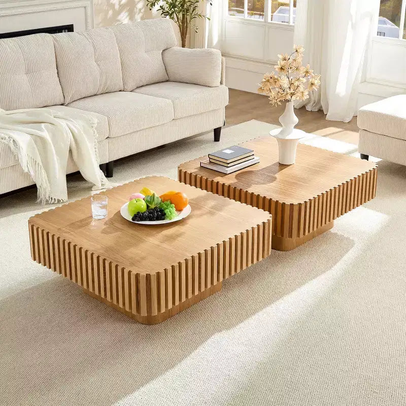 Modern Square Coffee Table Set of 2 Farmhouse Drum Coffee Table Wooden End Table Accent Cocktail Table Center Table - ModernLuxe