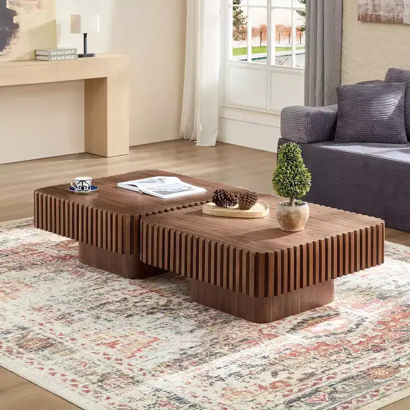 Modern Square Coffee Table Set of 2 Farmhouse Drum Coffee Table Wooden End Table Accent Cocktail Table Center Table - ModernLuxe