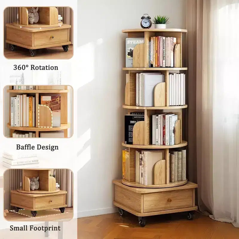 Rotating Bookshelf Tower 360Spining Bookcase Wooden Revolving Book Shelf Corner Display Storage Organizer