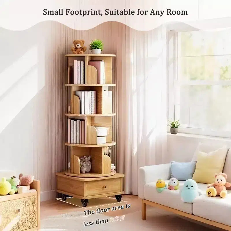 Rotating Bookshelf Tower 360Spining Bookcase Wooden Revolving Book Shelf Corner Display Storage Organizer