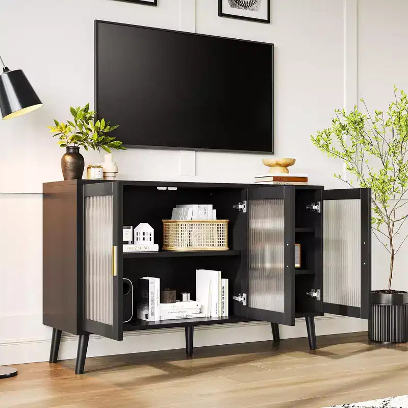 Black Sideboard Buffet Cabinet with Storage, Buffet Cabinet with Fluted Glass Door and Drawers, Sideboard