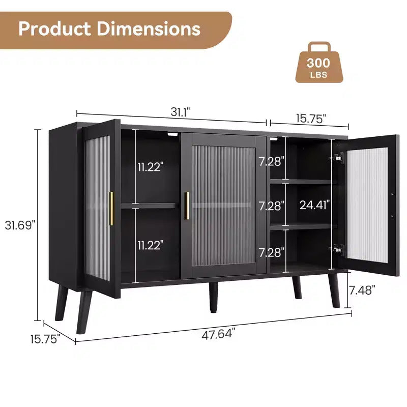 Black Sideboard Buffet Cabinet with Storage, Buffet Cabinet with Fluted Glass Door and Drawers, Sideboard