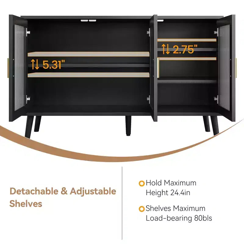 Black Sideboard Buffet Cabinet with Storage, Buffet Cabinet with Fluted Glass Door and Drawers, Sideboard