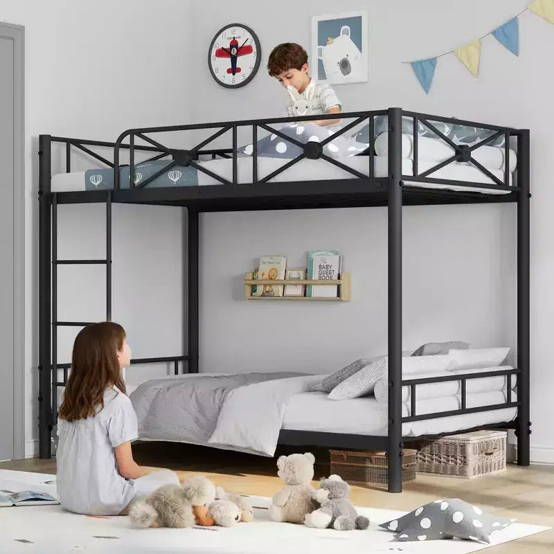 Metal Bunk Bed Twin Over Twin, Industrial Bunkbeds Heavy Duty Bed with Safety Guard Rails and Space-Saving Design, Steel Bed for School, Bedroom