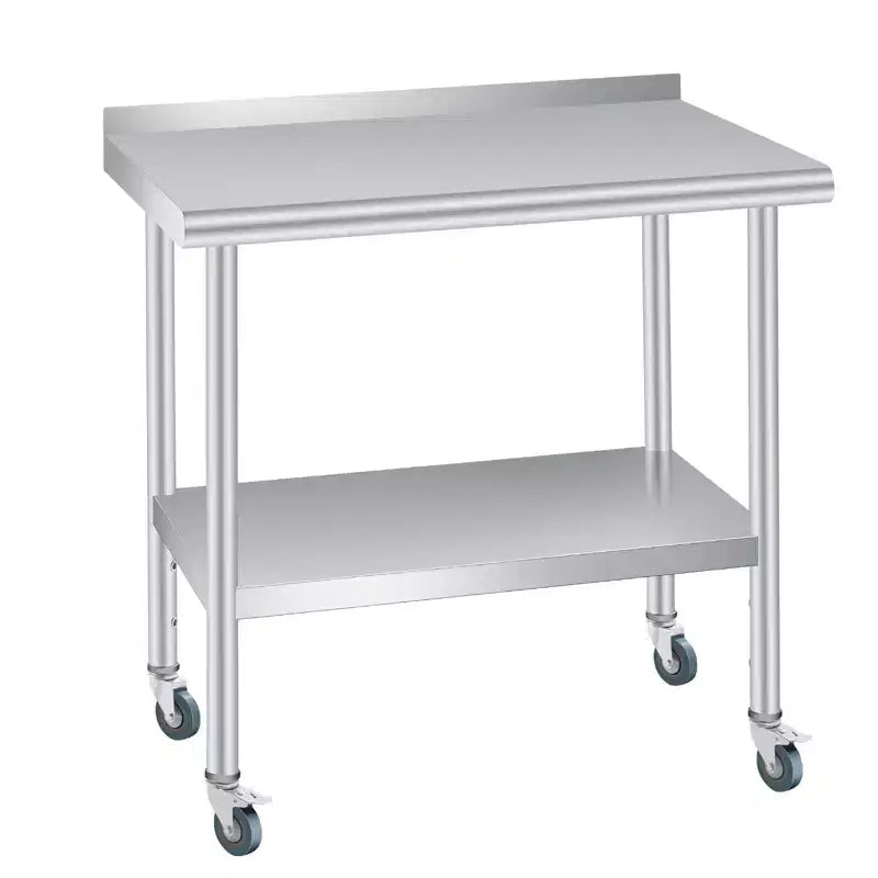 Stainless Steel Prep Table 36 x 24 w/Back splash, Adjustable Under-shelf & 4 Caster Wheels, Commercial Heavy Duty Table for Outdoor Use, Restaurants