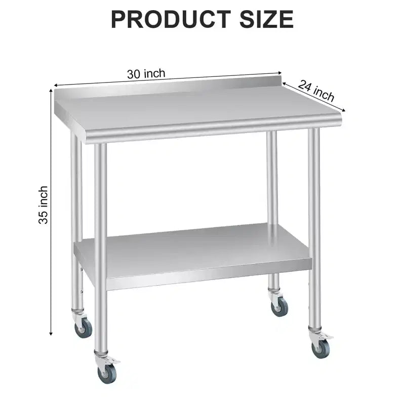 Stainless Steel Prep Table 36 x 24 w/Back splash, Adjustable Under-shelf & 4 Caster Wheels, Commercial Heavy Duty Table for Outdoor Use, Restaurants
