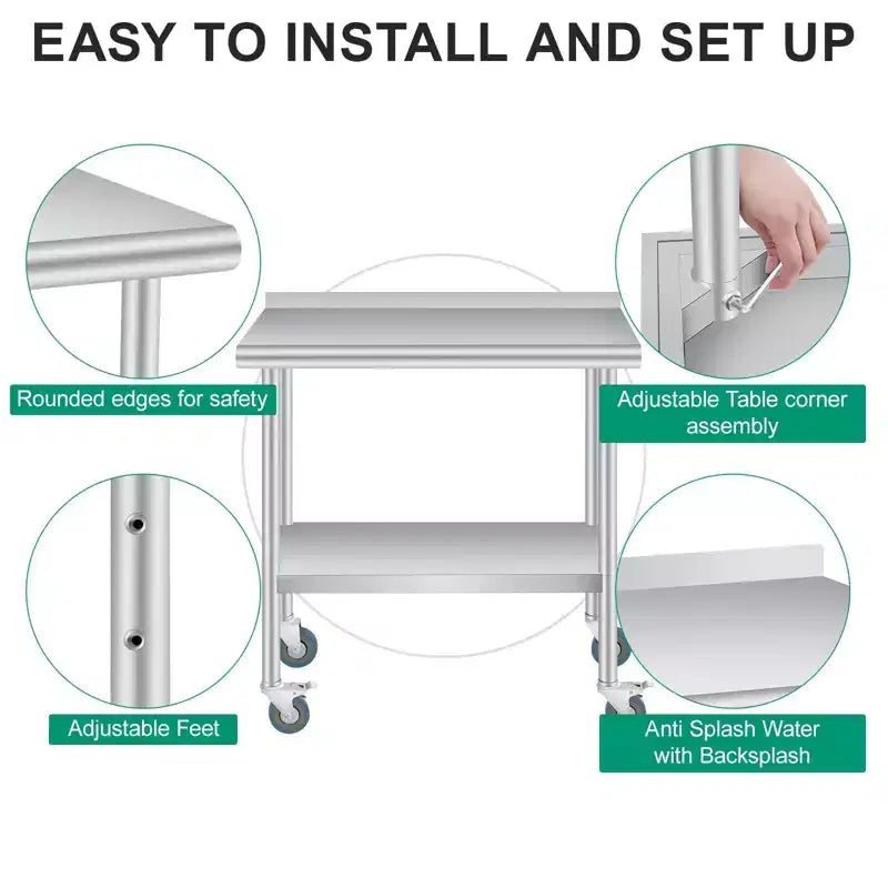 Stainless Steel Prep Table 36 x 24 w/Back splash, Adjustable Under-shelf & 4 Caster Wheels, Commercial Heavy Duty Table for Outdoor Use, Restaurants