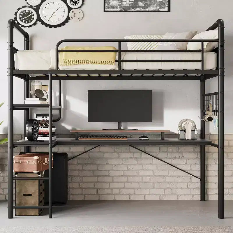 Loft Bunk Bed with L-Shaped Desk,Twin Loft Bed with Desk Underneath, Metal Bunk Beds with High Guardrail and Ladder,Easy Assembly