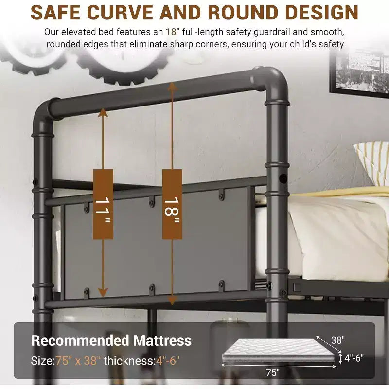 Loft Bunk Bed with L-Shaped Desk,Twin Loft Bed with Desk Underneath, Metal Bunk Beds with High Guardrail and Ladder,Easy Assembly