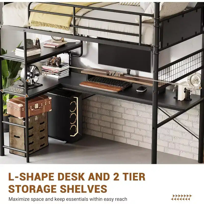 Loft Bunk Bed with L-Shaped Desk,Twin Loft Bed with Desk Underneath, Metal Bunk Beds with High Guardrail and Ladder,Easy Assembly