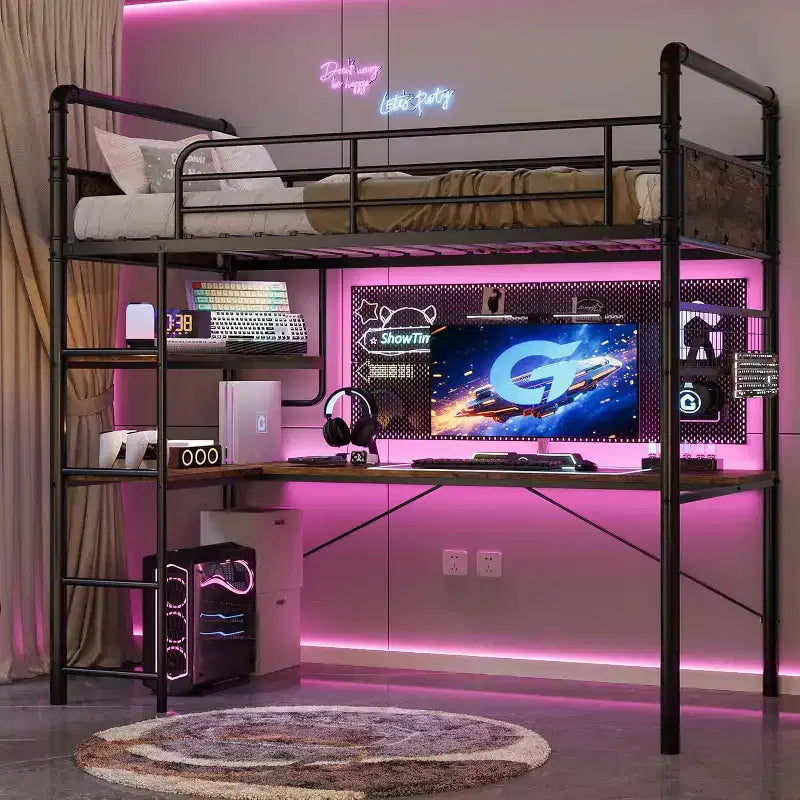 Loft Bunk Bed with L-Shaped Desk,Twin Loft Bed with Desk Underneath, Metal Bunk Beds with High Guardrail and Ladder,Easy Assembly