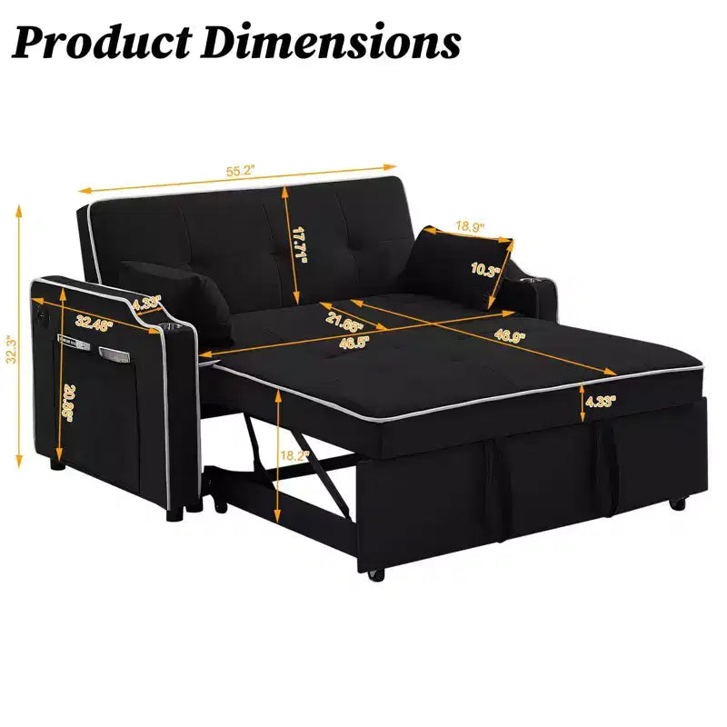 Velvet Sleeper Sofa Couch with Pullout Bed, Sofa Beds with Side Pocket, Cupholder, Adjustable Backrest and Pillows, Loveseat Sofa Sleeper Black
