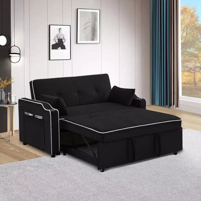 Velvet Sleeper Sofa Couch with Pullout Bed, Sofa Beds with Side Pocket, Cupholder, Adjustable Backrest and Pillows, Loveseat Sofa Sleeper Black