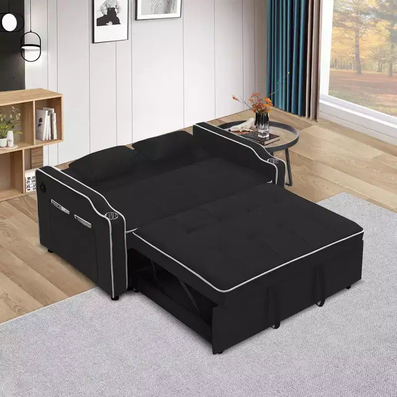 Velvet Sleeper Sofa Couch with Pullout Bed, Sofa Beds with Side Pocket, Cupholder, Adjustable Backrest and Pillows, Loveseat Sofa Sleeper Black