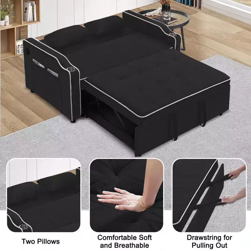 Velvet Sleeper Sofa Couch with Pullout Bed, Sofa Beds with Side Pocket, Cupholder, Adjustable Backrest and Pillows, Loveseat Sofa Sleeper Black