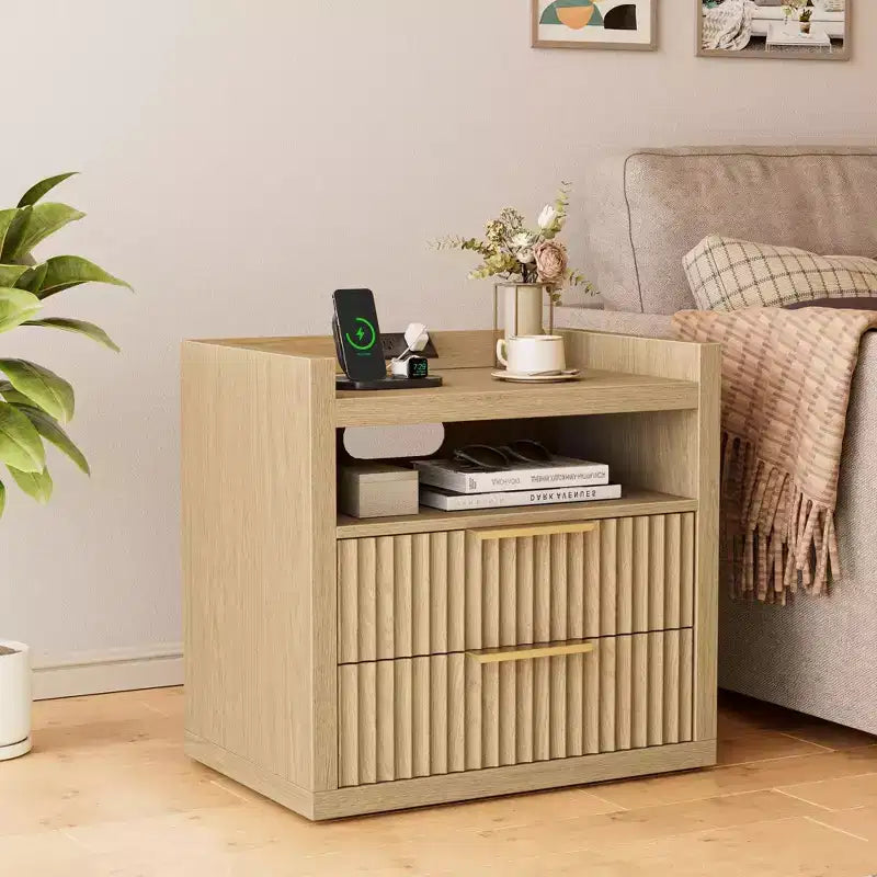 Natural Fluted End Table With Charging Station USB Ports 24 Inch Wide Nightstand 2 Drawers Wood Bedside Table Modern Storage Cabinet Living Room