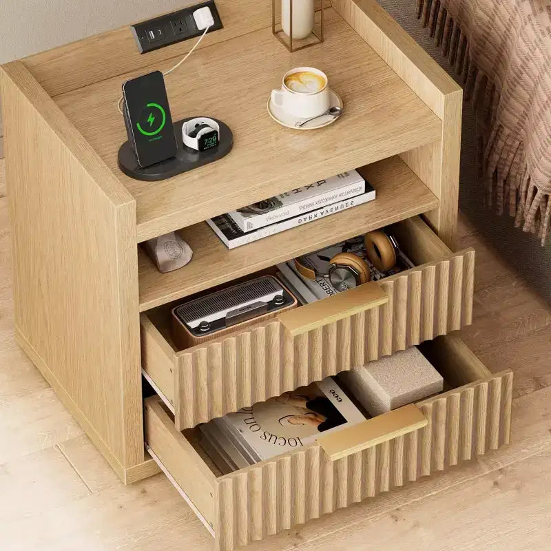 Natural Fluted End Table With Charging Station USB Ports 24 Inch Wide Nightstand 2 Drawers Wood Bedside Table Modern Storage Cabinet Living Room