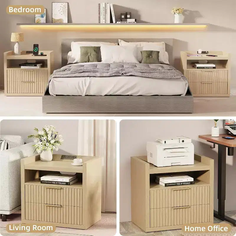 Natural Fluted End Table With Charging Station USB Ports 24 Inch Wide Nightstand 2 Drawers Wood Bedside Table Modern Storage Cabinet Living Room