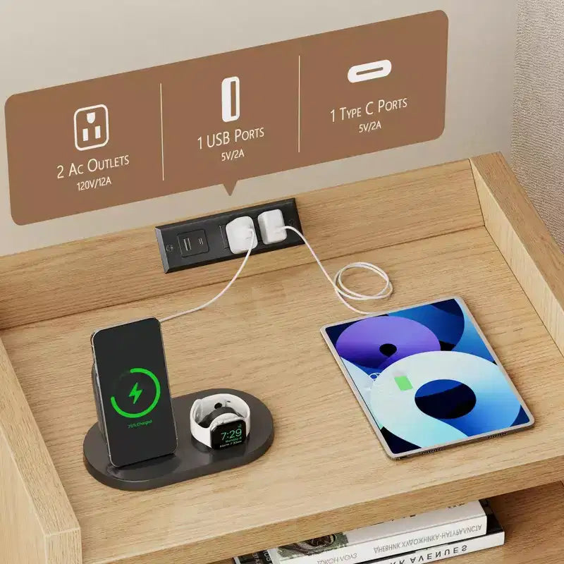 Natural Fluted End Table With Charging Station USB Ports 24 Inch Wide Nightstand 2 Drawers Wood Bedside Table Modern Storage Cabinet Living Room