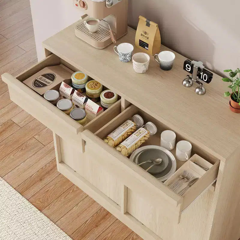 Double Tilt Out Trash Cabinet, Natural Oak Trash Cabinet with 20 Gallon Storage & 2 Drawers, Hidden Garbage Cabinet Laundry Hamper