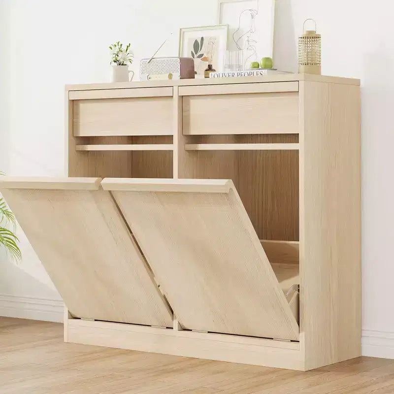 Double Tilt Out Trash Cabinet, Natural Oak Trash Cabinet with 20 Gallon Storage & 2 Drawers, Hidden Garbage Cabinet Laundry Hamper