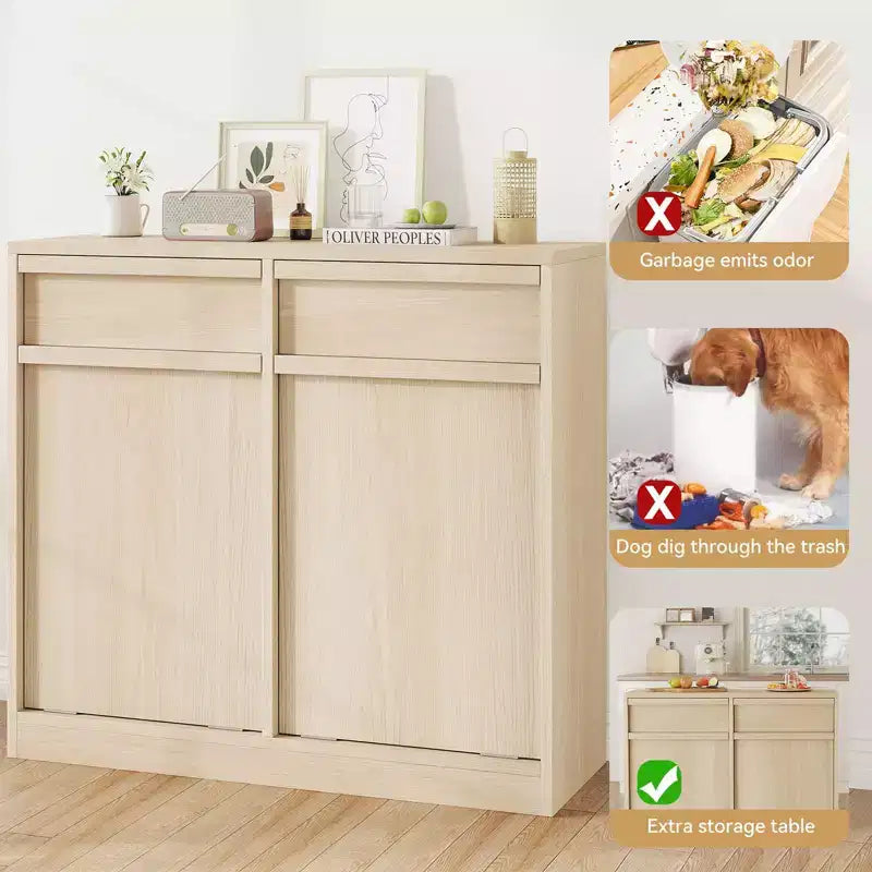 Double Tilt Out Trash Cabinet, Natural Oak Trash Cabinet with 20 Gallon Storage & 2 Drawers, Hidden Garbage Cabinet Laundry Hamper