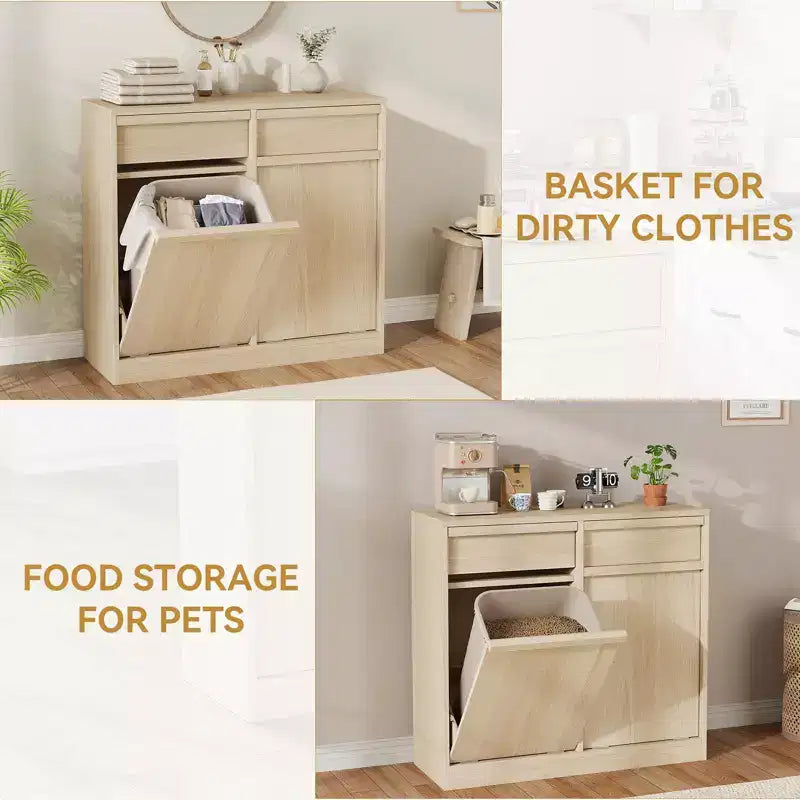 Double Tilt Out Trash Cabinet, Natural Oak Trash Cabinet with 20 Gallon Storage & 2 Drawers, Hidden Garbage Cabinet Laundry Hamper