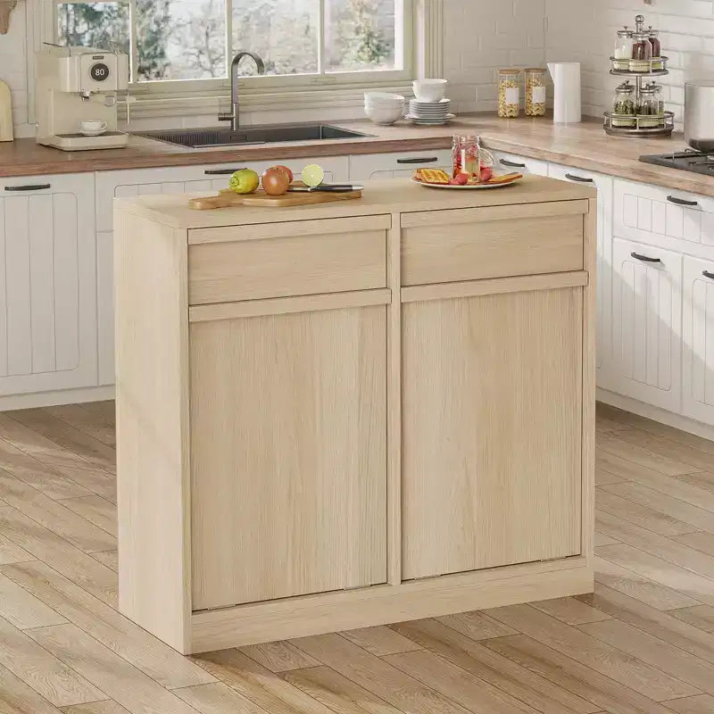 Double Tilt Out Trash Cabinet, Natural Oak Trash Cabinet with 20 Gallon Storage & 2 Drawers, Hidden Garbage Cabinet Laundry Hamper