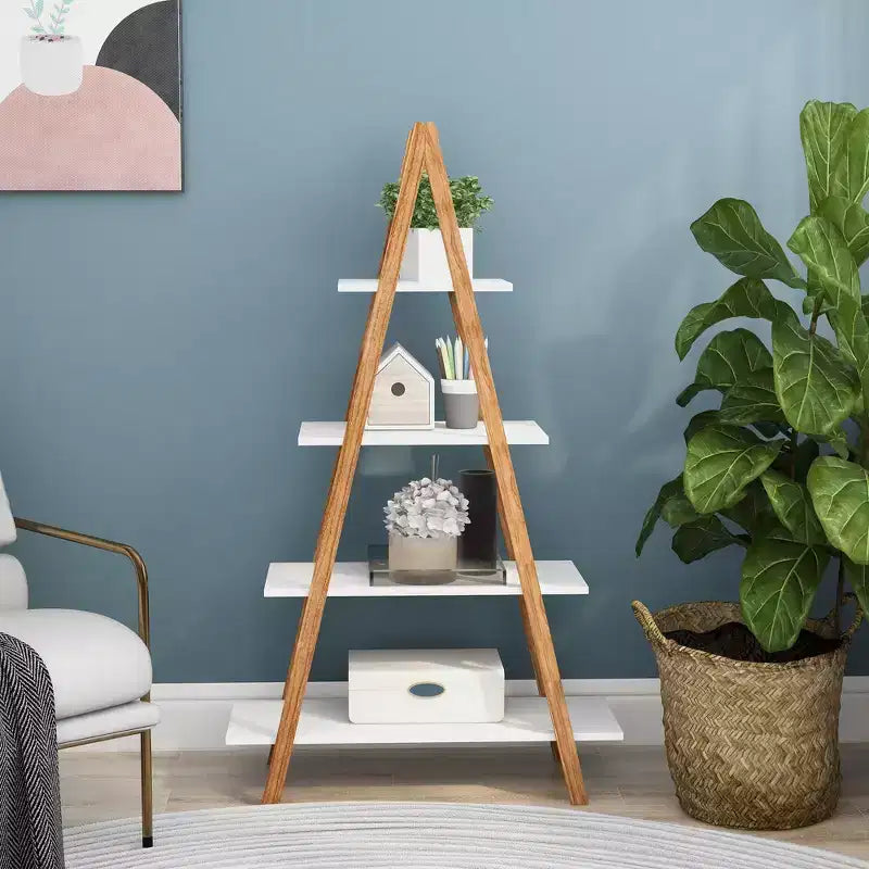 JVNOXK 4 open shelving units in different sizes, solid bamboo wood Oxford-style A-frame display bookshelves, suitable for the living room