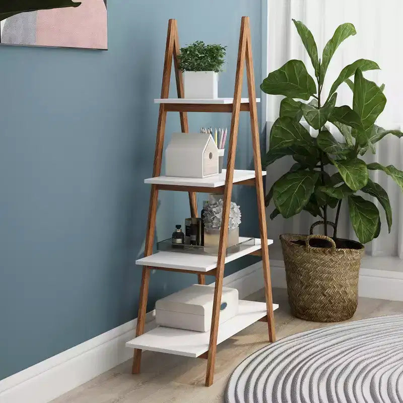 JVNOXK 4 open shelving units in different sizes, solid bamboo wood Oxford-style A-frame display bookshelves, suitable for the living room