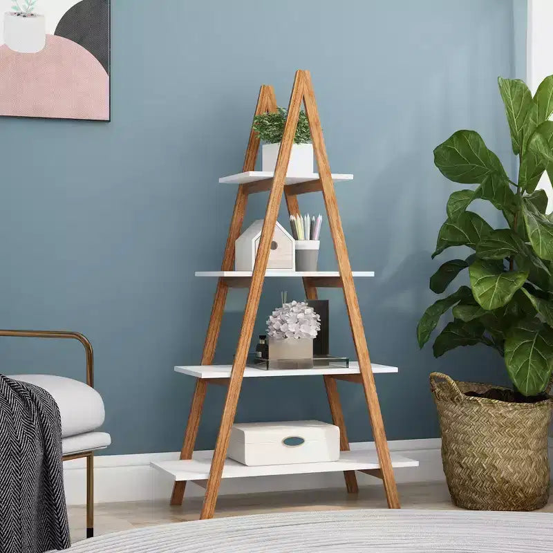 JVNOXK 4 open shelving units in different sizes, solid bamboo wood Oxford-style A-frame display bookshelves, suitable for the living room