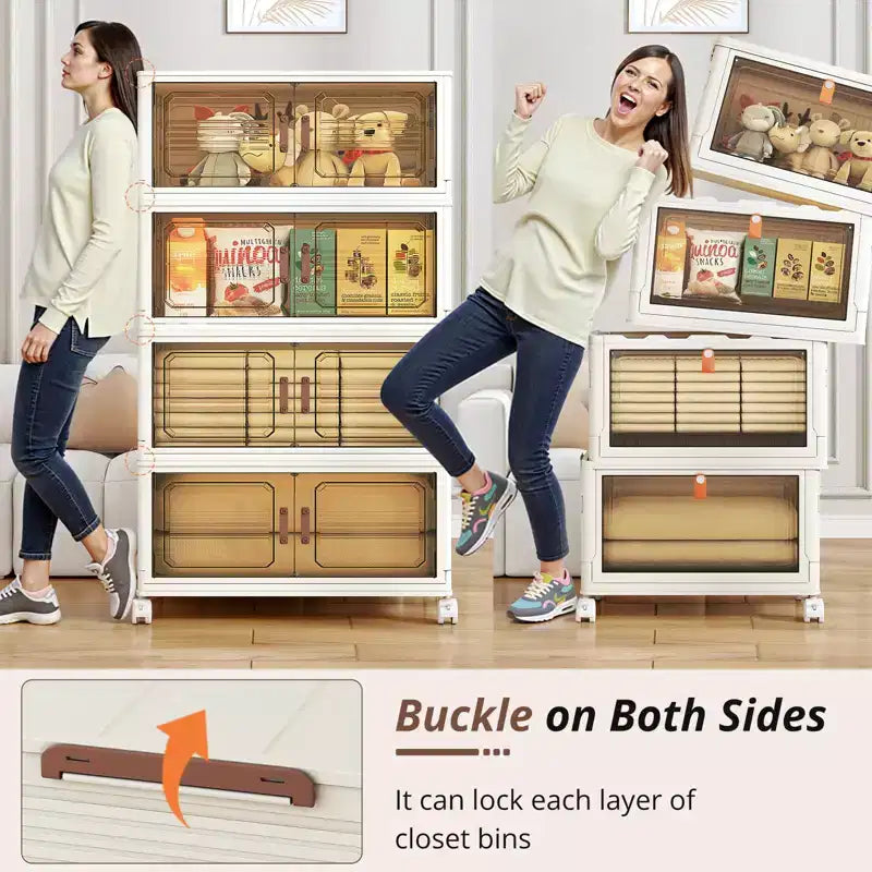 AEELLEEA Stackable Foldable Lidded Storage Bins with Doors & Wheels - Foldable Storage Cabinet for Home, Dorm & Office