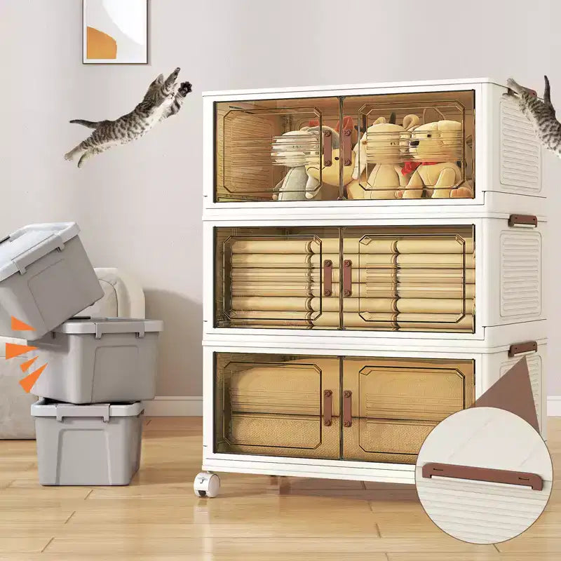 AEELLEEA Stackable Foldable Lidded Storage Bins with Doors & Wheels - Foldable Storage Cabinet for Home, Dorm & Office