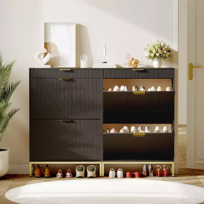 Fluted Shoe Storage Cabinet w/2 Flip Drawers, Slim Wood Shoe Organizer, Narrow Entryway Furniture w/Storage for Small Spaces, Hallway
