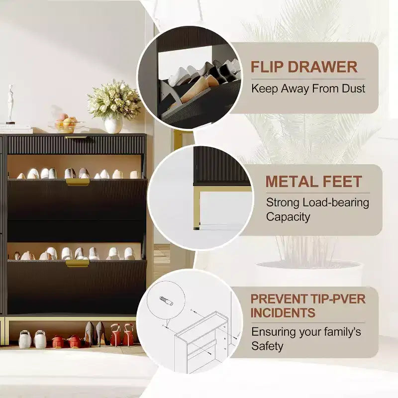 Fluted Shoe Storage Cabinet w/2 Flip Drawers, Slim Wood Shoe Organizer, Narrow Entryway Furniture w/Storage for Small Spaces, Hallway