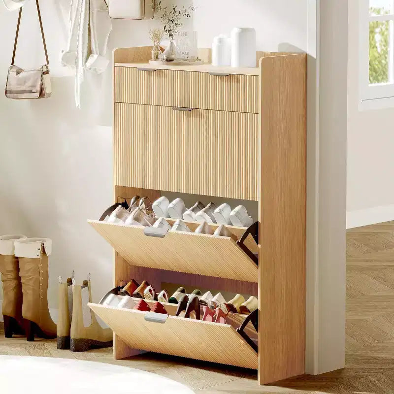 Fluted Shoe Storage Cabinet w/2 Flip Drawers, Slim Wood Shoe Organizer, Narrow Entryway Furniture w/Storage for Small Spaces, Hallway